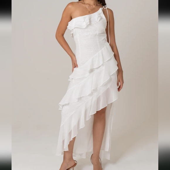 All About May Dresses & Skirts - All About May• Lenora One-Shoulder White Ruffled Asymmetric Dress. Sz 6
